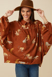 HY7768 Brown Womens Cheetah Print Dolman Sleeve Collared Top Front