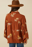 HY7768 Brown Womens Cheetah Print Dolman Sleeve Collared Top Detail