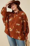 HY7768W Brown Plus Cheetah Print Dolman Sleeve Collared Top Front