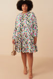 Abstract Floral Tiered Ruffle Neck Satin Dress