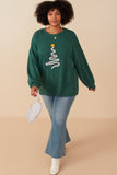 HY7813W Green Plus Handknit Pop Up Christmas Tree Marled Ribbed Knit Top Side