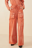 HY7814W Rust Plus Washed Cargo Pocket Detail Wide Leg Knit Pants Front