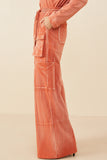 HY7814 Rust Womens Washed Cargo Pocket Detail Wide Leg Knit Pants Gif