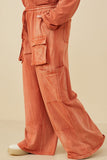 HY7814 Rust Womens Washed Cargo Pocket Detail Wide Leg Knit Pants Side