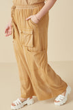 HY7814 Taupe Womens Washed Cargo Pocket Detail Wide Leg Knit Pants Front