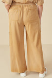 HY7814W Taupe Plus Washed Cargo Pocket Detail Wide Leg Knit Pants Front