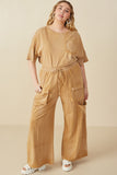 HY7814 Taupe Womens Washed Cargo Pocket Detail Wide Leg Knit Pants Gif