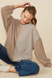 HY7837 Taupe Womens Contrast Panel Stripe Knit Drop Shoulder Knit Top Pose