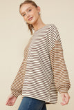 HY7837 Taupe Womens Contrast Panel Stripe Knit Drop Shoulder Knit Top Full Body