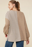 HY7837 Taupe Womens Contrast Panel Stripe Knit Drop Shoulder Knit Top Side