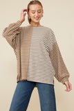 HY7837 Taupe Womens Contrast Panel Stripe Knit Drop Shoulder Knit Top Back