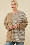 HY7837W Taupe Womens Contrast Panel Stripe Knit Drop Shoulder Knit Top Front