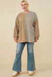 HY7837 Taupe Womens Contrast Panel Stripe Knit Drop Shoulder Knit Top Front