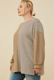 HY7837W Taupe Womens Contrast Panel Stripe Knit Drop Shoulder Knit Top Full Body