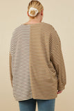 HY7837W Taupe Womens Contrast Panel Stripe Knit Drop Shoulder Knit Top Side