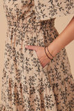 HY7838W Taupe Plus Botanical Print Cinch Waist Tiered Dress Detail