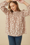 HY7871W Taupe Plus Floral Smocked Yoke Long Sleeve Top Front