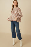 HY7871 Taupe Womens Floral Smocked Yoke Long Sleeve Top Gif