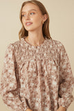 HY7871 Taupe Womens Floral Smocked Yoke Long Sleeve Top Full Body