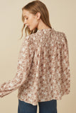 HY7871 Taupe Womens Floral Smocked Yoke Long Sleeve Top Detail