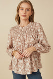 HY7871 Taupe Womens Floral Smocked Yoke Long Sleeve Top Back