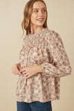 HY7871 Taupe Womens Floral Smocked Yoke Long Sleeve Top Front 2