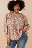 HY7871 Taupe Womens Floral Smocked Yoke Long Sleeve Top Front