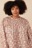 HY7871W Taupe Plus Floral Smocked Yoke Long Sleeve Top Gif