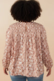 HY7871W Taupe Plus Floral Smocked Yoke Long Sleeve Top Detail