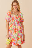 Bold Floral Smocked Square Neck Dress