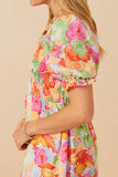 HY7912 Pink Mix Womens Bold Floral Smocked Square Neck Dress Detail