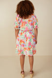 HY7912W Pink Mix Plus Bold Floral Smocked Square Neck Dress Full Body