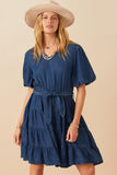 HY7930W Mid Denim Plus Denim Washed Belted V Neck Dress Front