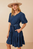 HY7930 Mid Denim Womens Denim Washed Belted V Neck Dress Side