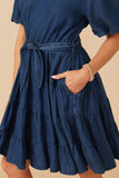 HY7930 Mid Denim Womens Denim Washed Belted V Neck Dress Detail