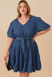 HY7930 Mid Denim Womens Denim Washed Belted V Neck Dress Front