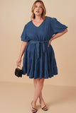 HY7930W Mid Denim Plus Denim Washed Belted V Neck Dress Full Body