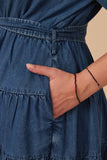 HY7930W Mid Denim Plus Denim Washed Belted V Neck Dress Detail