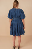 HY7930W Mid Denim Plus Denim Washed Belted V Neck Dress Back