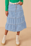 HY7932W Light Denim Plus Button Fly Tiered Denim Maxi Skirt Front