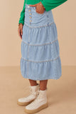 HY7932 Light Denim Womens Button Fly Tiered Denim Maxi Skirt Side