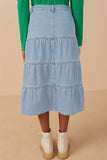 HY7932 Light Denim Womens Button Fly Tiered Denim Maxi Skirt Back