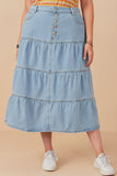 HY7932 Light Denim Womens Button Fly Tiered Denim Maxi Skirt Editorial