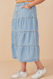 HY7932W Light Denim Plus Button Fly Tiered Denim Maxi Skirt Side