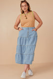 HY7932W Light Denim Plus Button Fly Tiered Denim Maxi Skirt Full Body