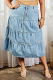 Button Fly Tiered Denim Maxi Skirt