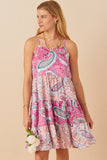 HY7935W Pink Plus Paisley Print Color Blocked Tiered Tank Dress Front