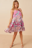 HY7935 Pink Womens Paisley Print Color Blocked Tiered Tank Dress Full Body