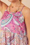 HY7935 Pink Womens Paisley Print Color Blocked Tiered Tank Dress Detail