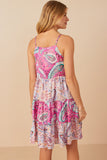 HY7935 Pink Womens Paisley Print Color Blocked Tiered Tank Dress Back